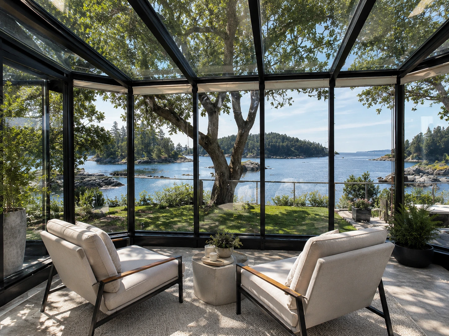 Dark-frame patio enclosure with waterfront views