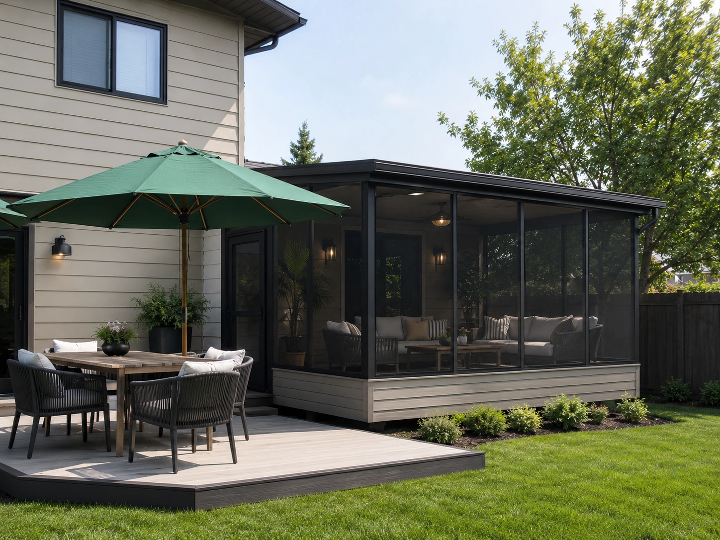 Dark-frame screened patio room beside a backyard deck