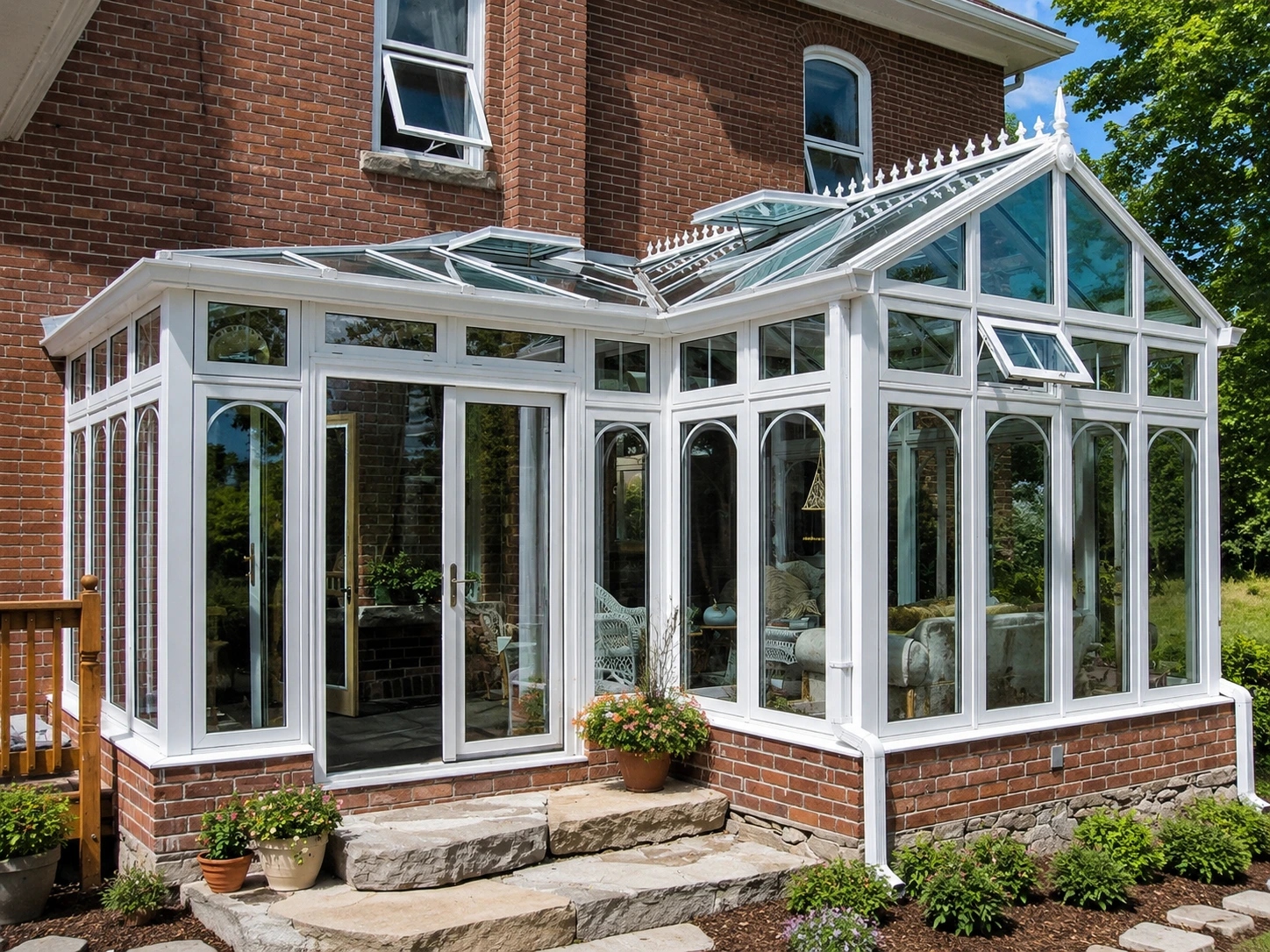 White-frame sunroom addition beside a brick home