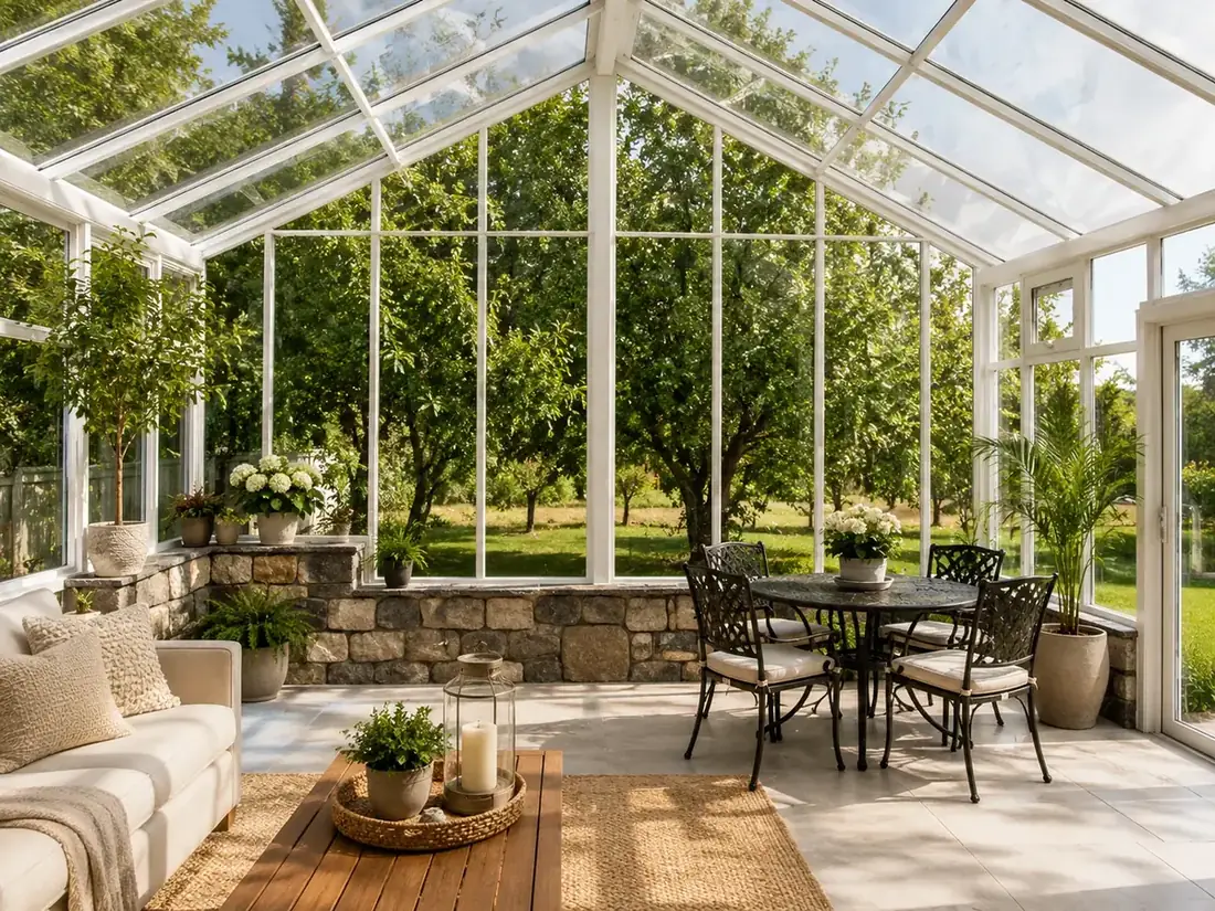 White-frame conservatory garden room interior with plants