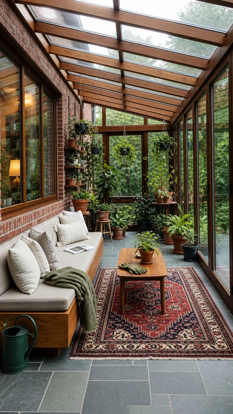Lean-to wood sunroom used as a comfortable plant room