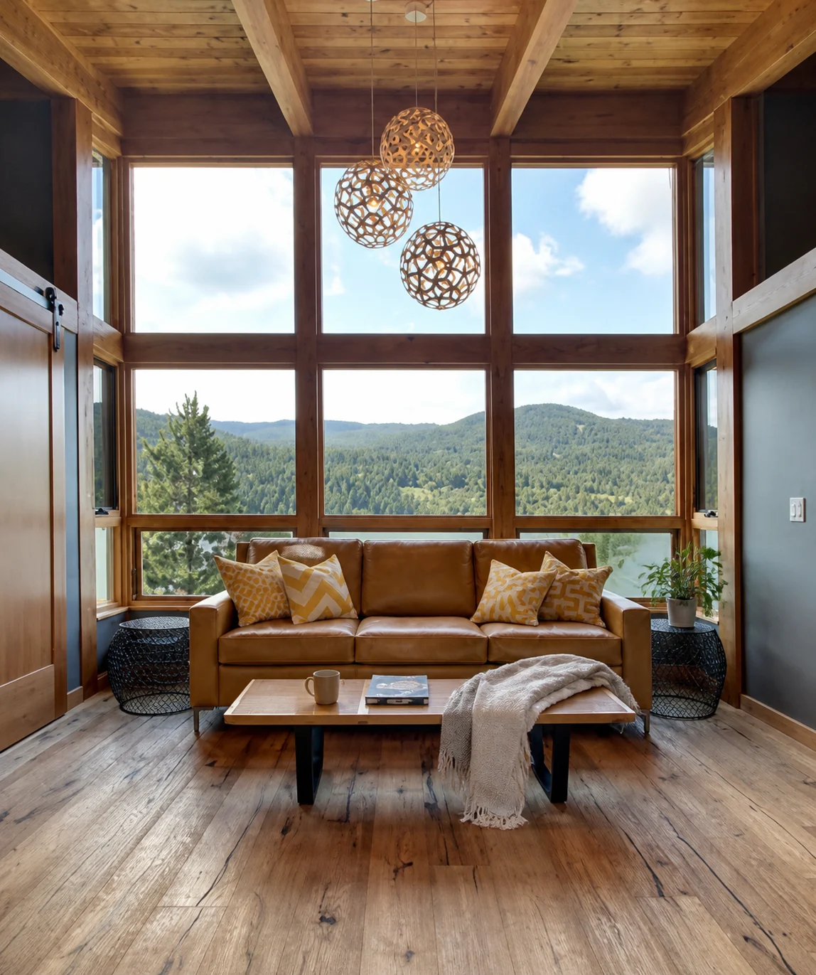 Timber sunroom with a mountain view