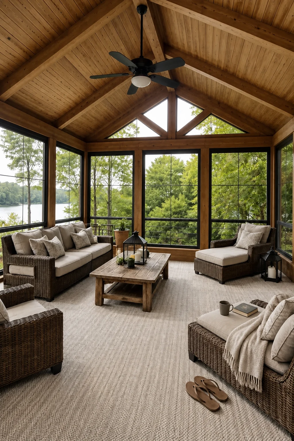 Vaulted cedar room overlooking a lake