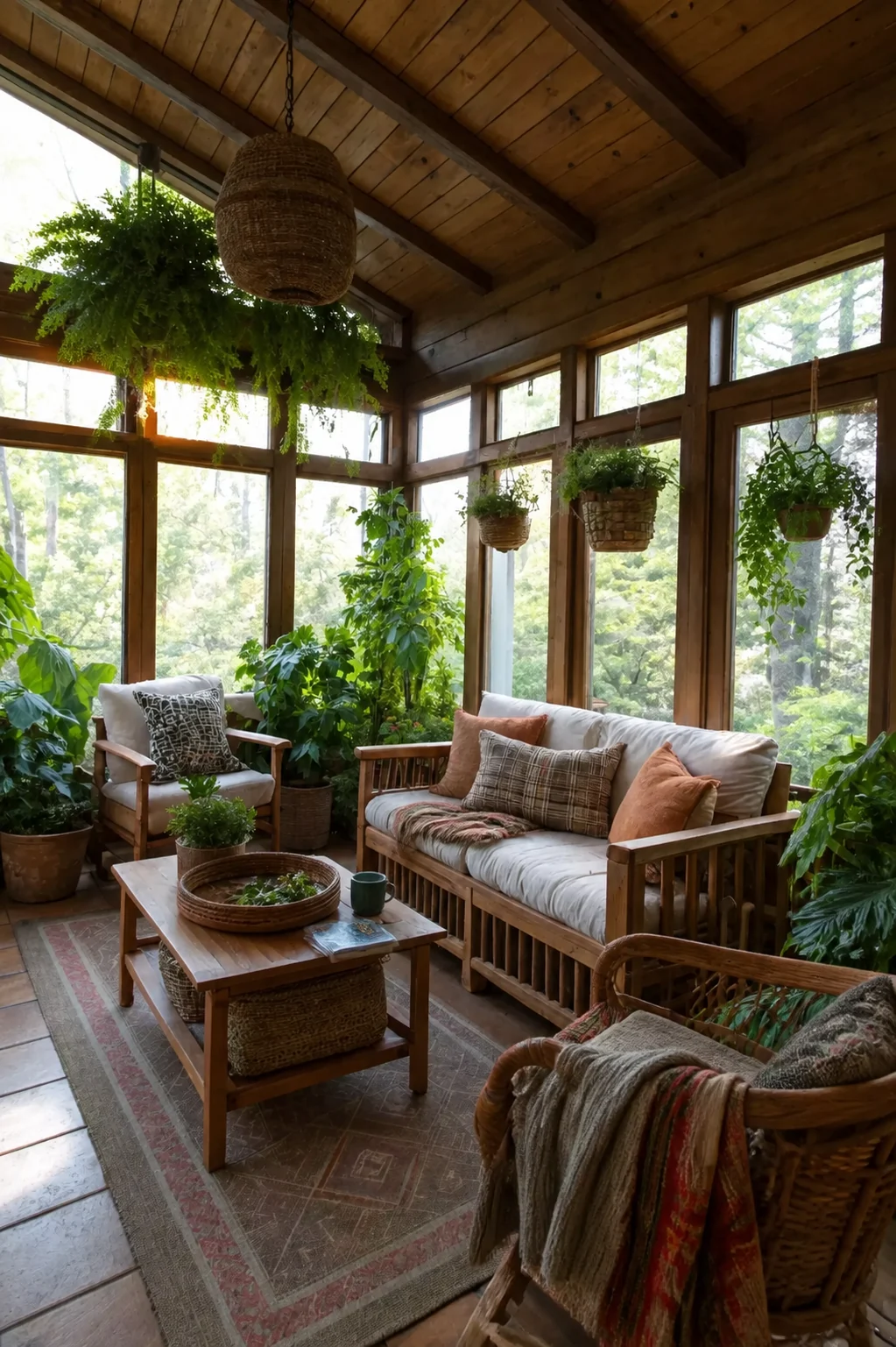 Wood sunroom retreat filled with plants