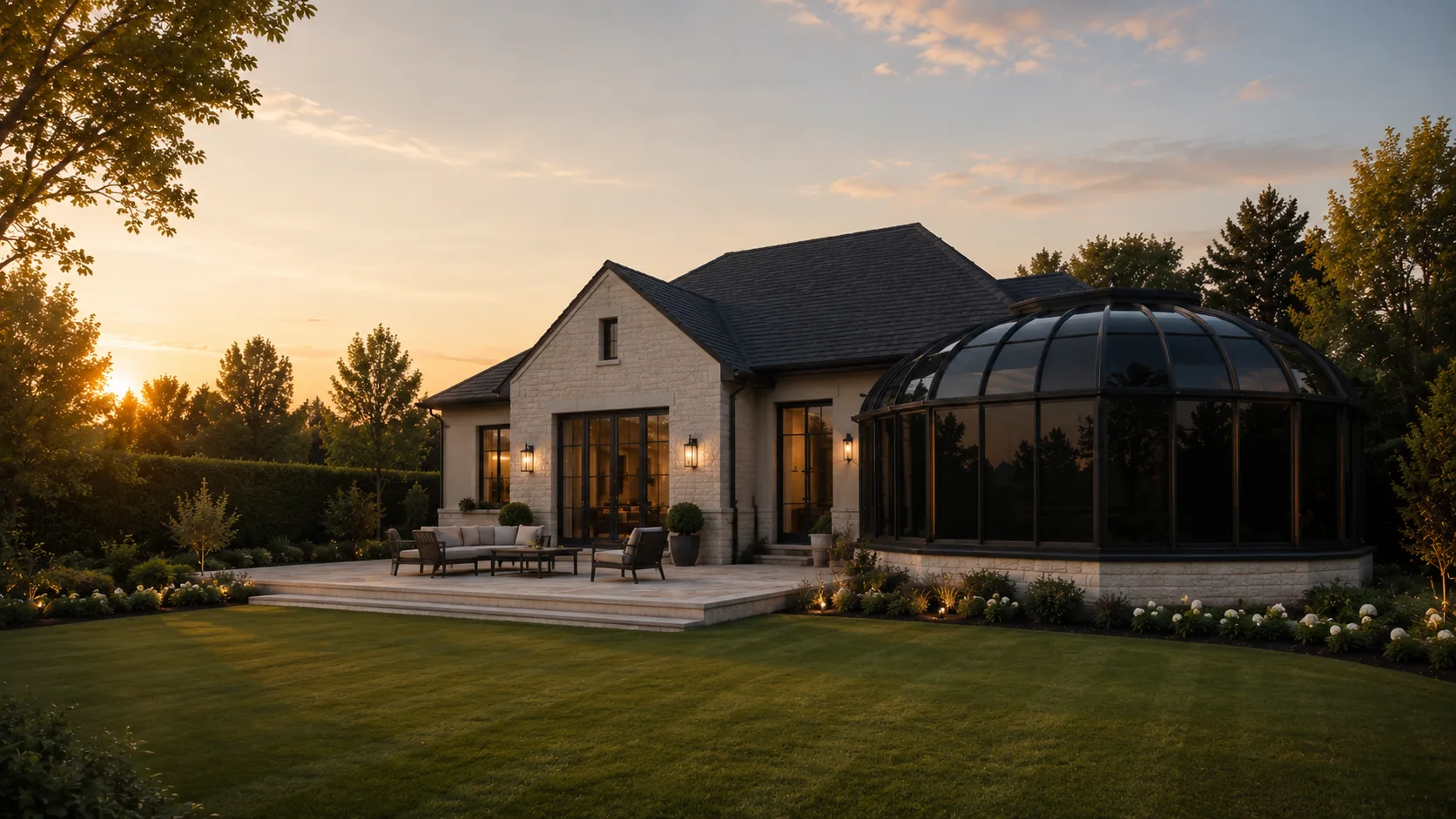 Curved custom solarium attached to a Northwest home